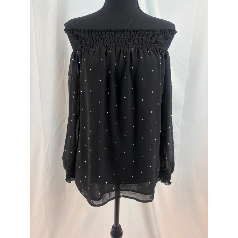 Black Off Shoulder Rhinestone Embellished Smocked Blouse Long Sleeve Size‎ Small